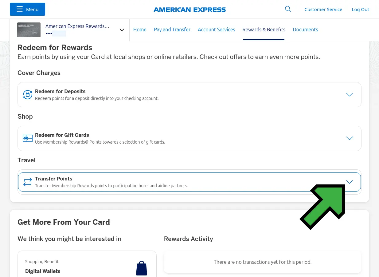Screenshot of Transfer Points section on Amex website