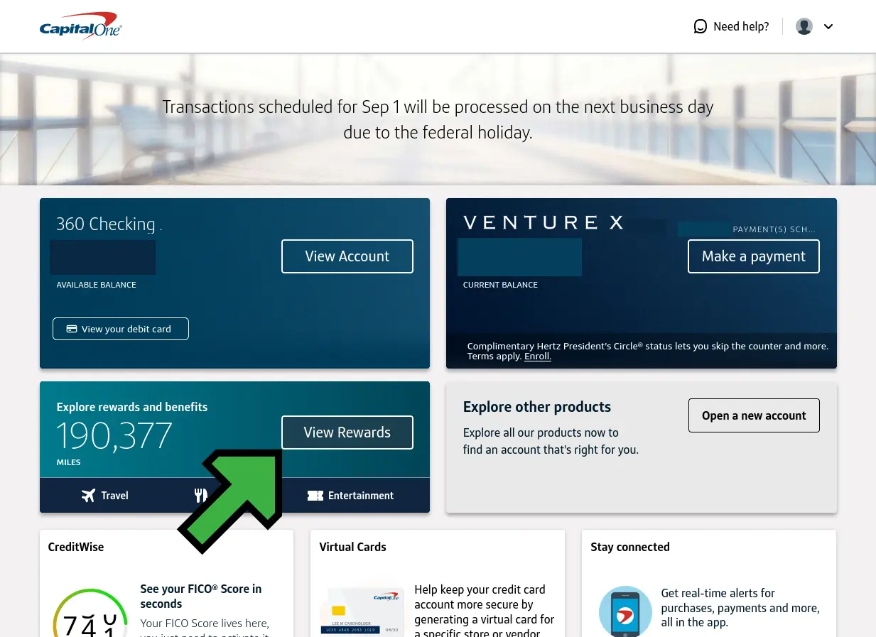 screenshot Capital One rewards section