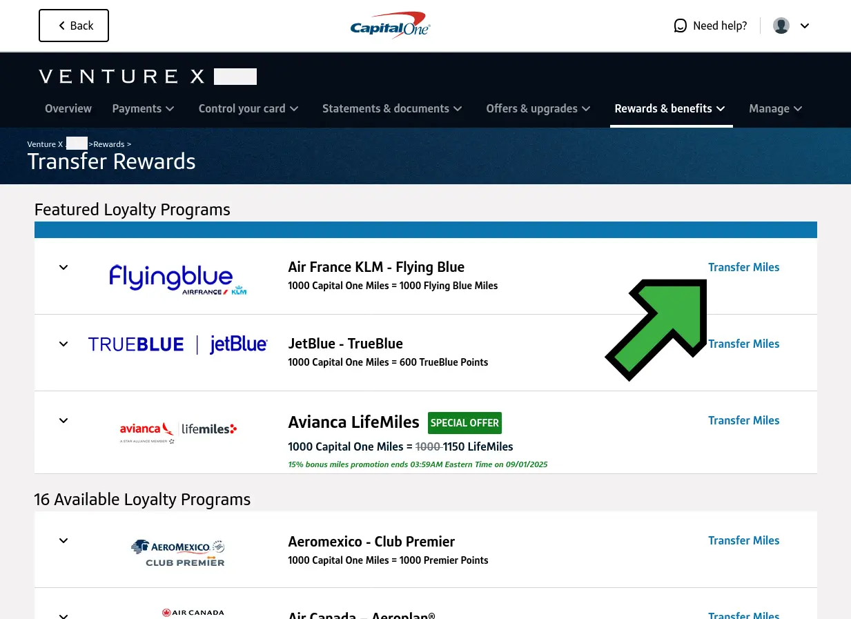 screenshot Capital One airline partner selection