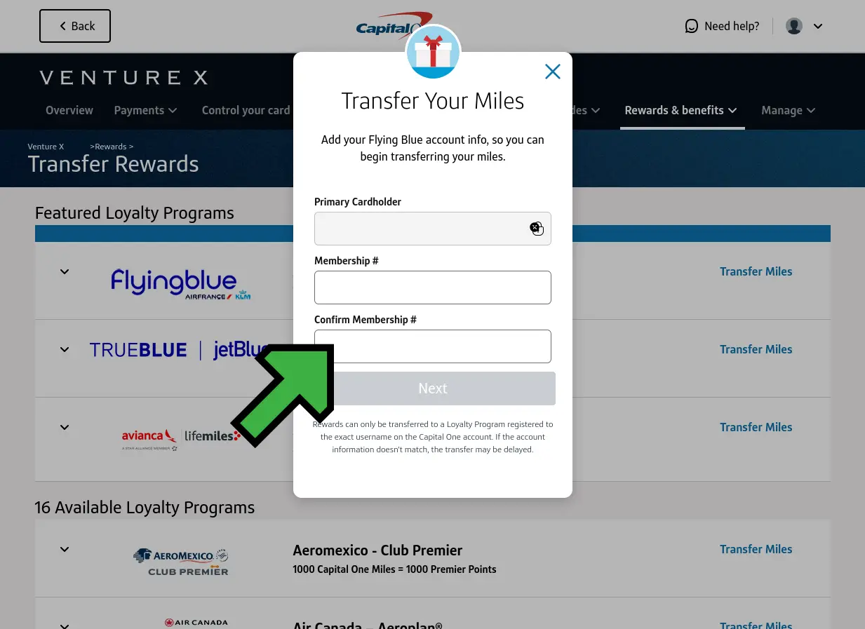 screenshot Capital One loyalty program details