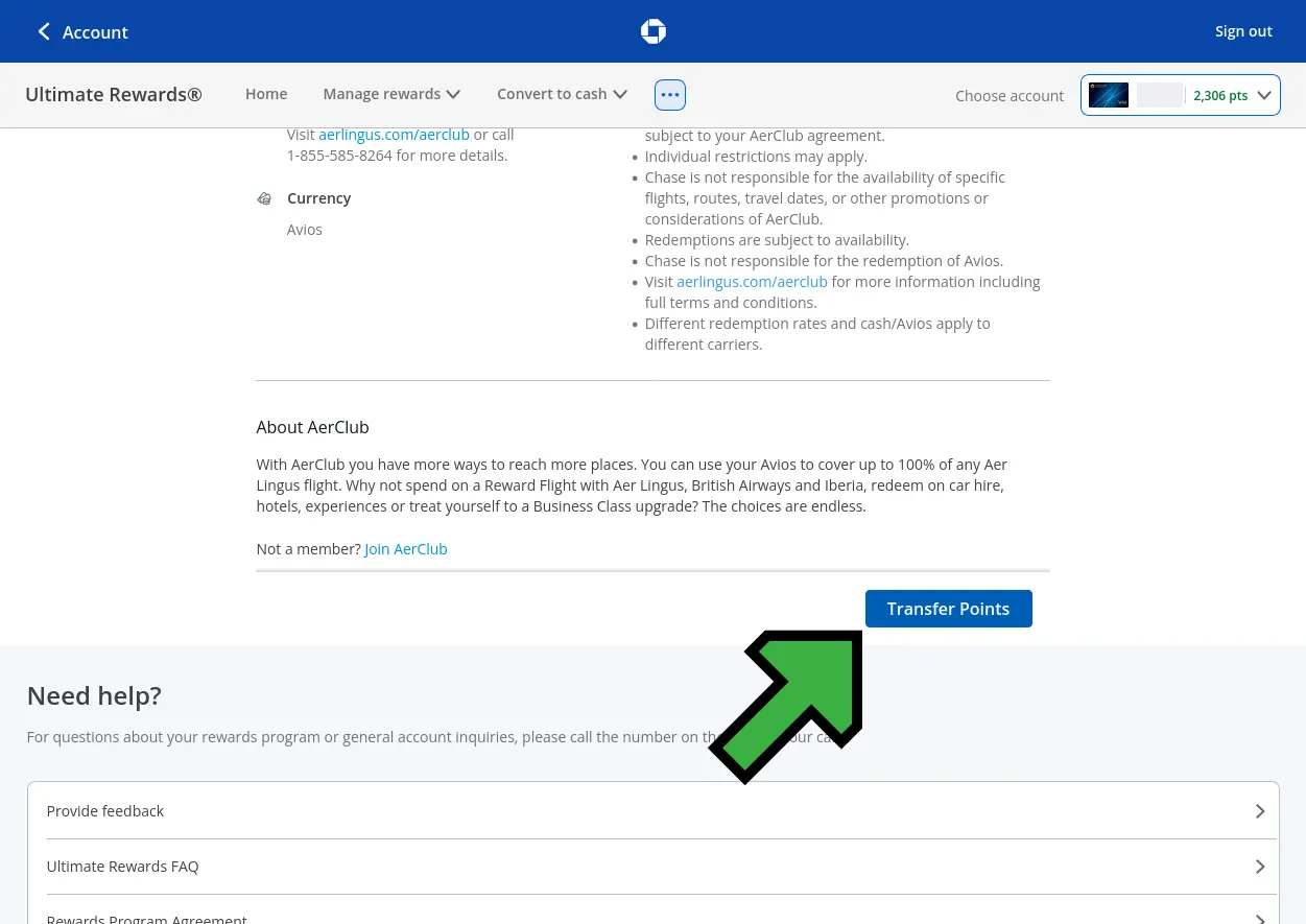 Screenshot of clicking Transfer Points button