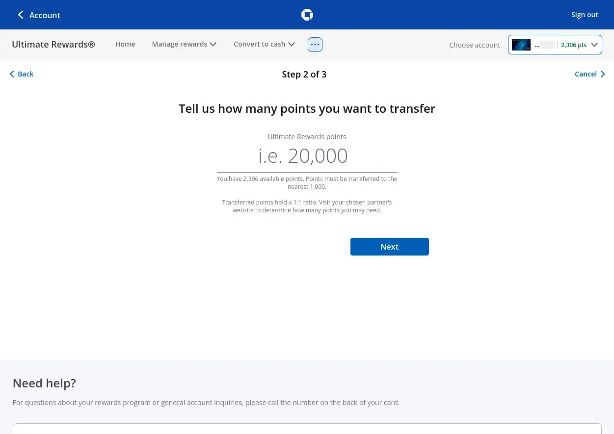 Screenshot of specifying number of points to transfer